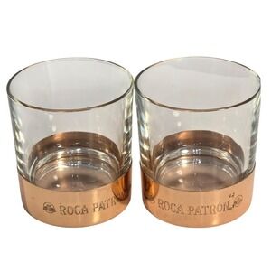 Collectible Pair Roca Patron Whiskey Cocktail HEAVY Glasses Copper bottom RARE